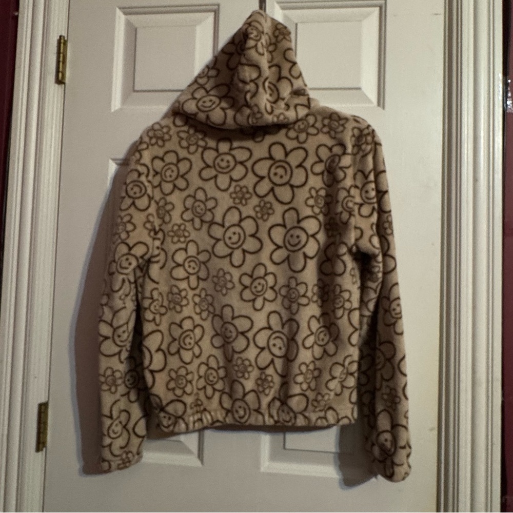 Fire & Fleur Tan/Black Smiling Daisies Full Zip Front Fuzzy Hoodie Jacket Size M - Picture 5 of 12